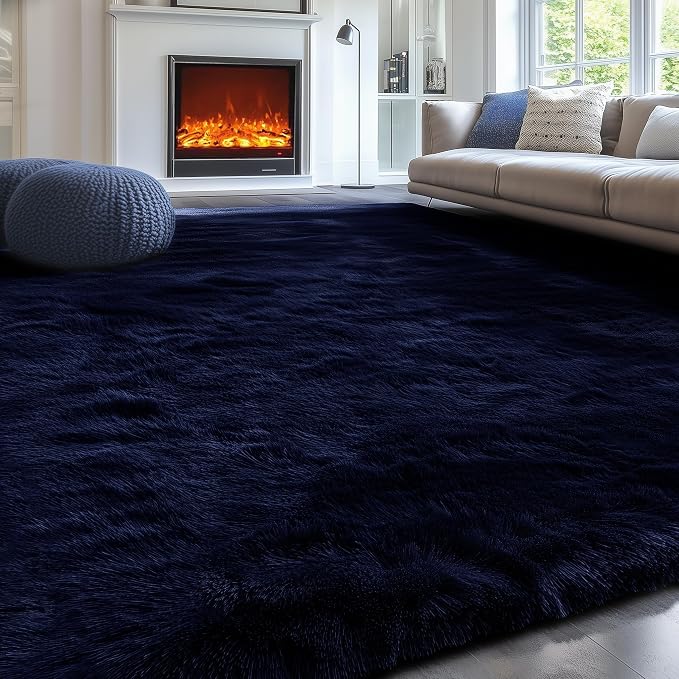 Navy Blue Rug 3x5, Fluffy Dark Blue Rugs - Image 9