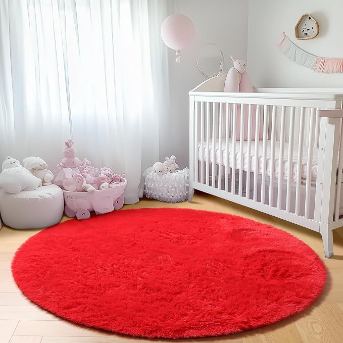 Red Round Rugs 5ft for Bedroom Living Room, Fluffy Circle Area Rug for Kids - Image 7