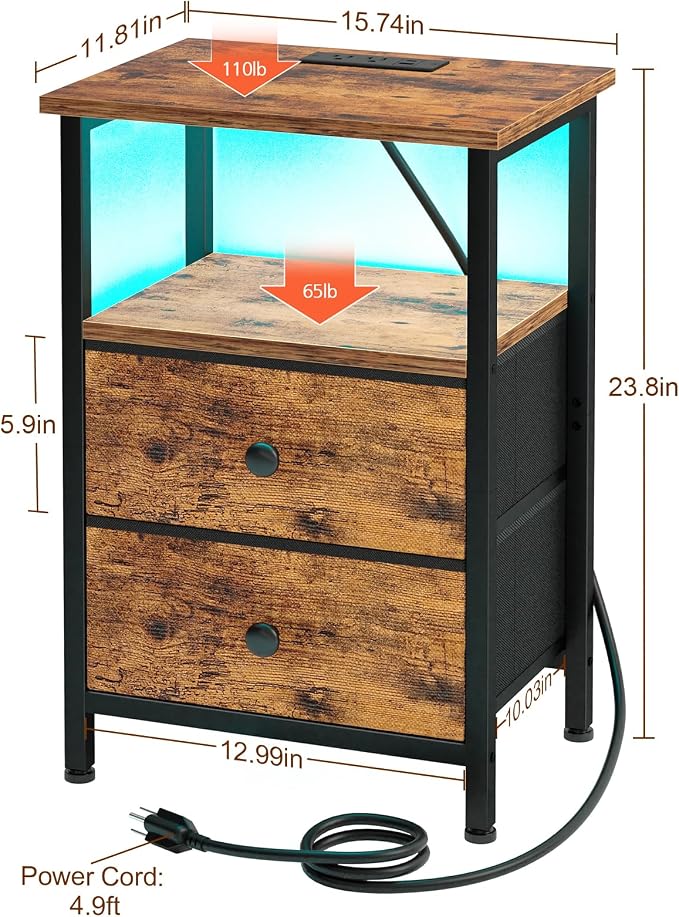 LOAKEKEL Night Stand with Charging Station, Small Bedside Table with USB Ports - Image 7