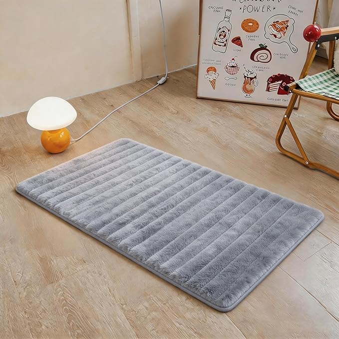 Blue Grey Rabbit Striped Plush Rug 2'x3', Fluffy Shaggy Area Rug by CHOVY