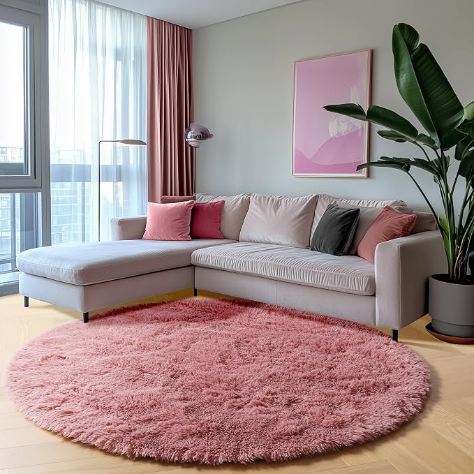Blush Round Rugs 6ft for Living Room Bedroom, Fluffy Circle Area Rug for Kids - Image 3