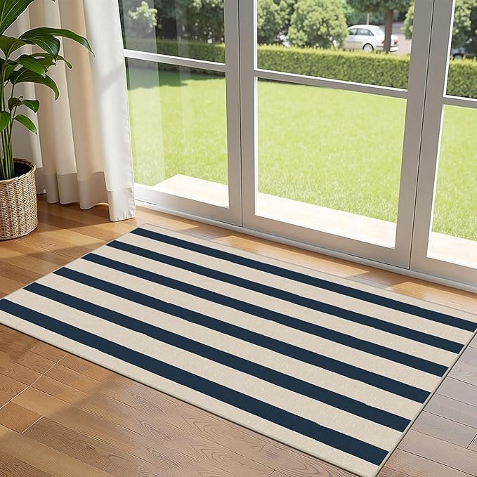 Front Door Mat Indoor Entrance, 2x4.3 Ft Blue and White Striped Rug | Washable by Othilic