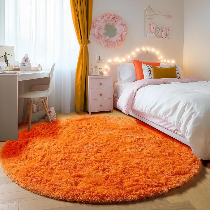 Orange Round Area Rugs 4ft for Bedroom Living Room, Fluffy Circle Rug for Kids - Image 5