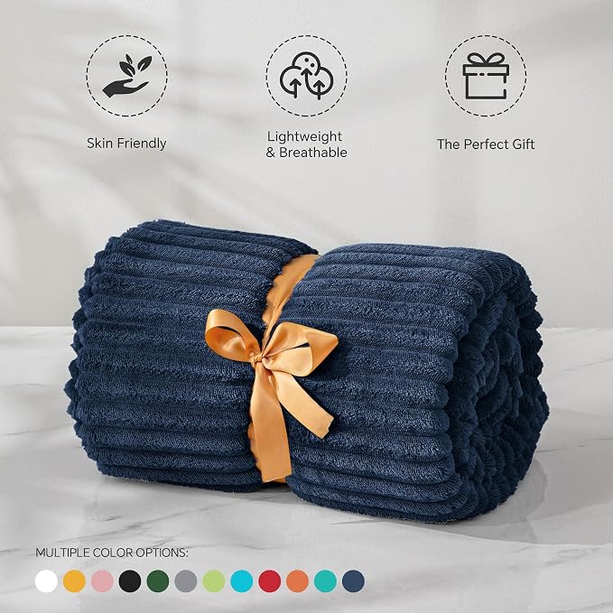 BEDELITE 3D Ribbed Jacquard Navy Fleece Twin Blanket - Image 3