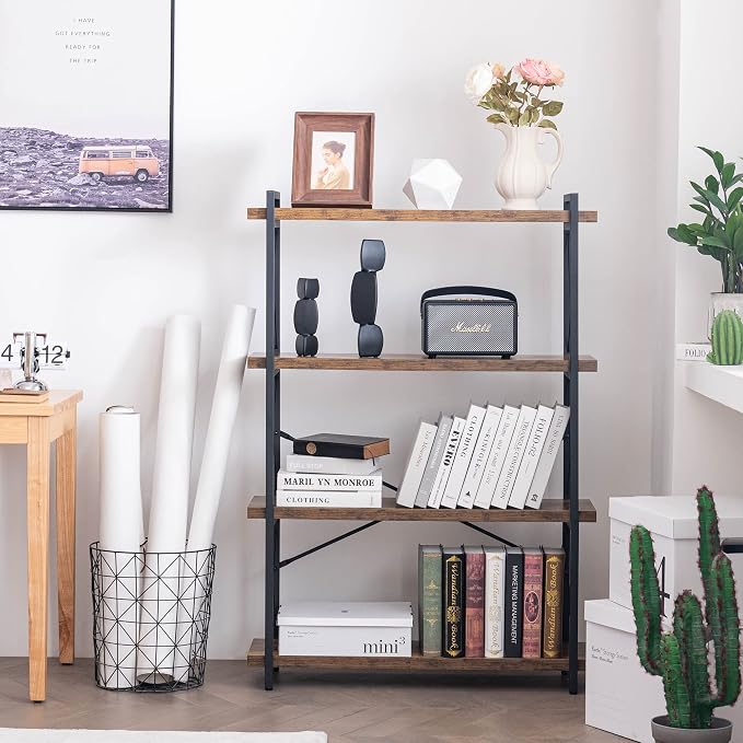 HCHQHS Bookshelf, 4-Tier Industrial Bookcase, Rustic Open Book Shelf, - Image 5