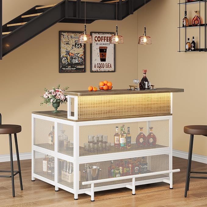 L-Shaped Home Bar Unit with Wine Glasses Holder and LED Light, Modern Bar Table - Image 5