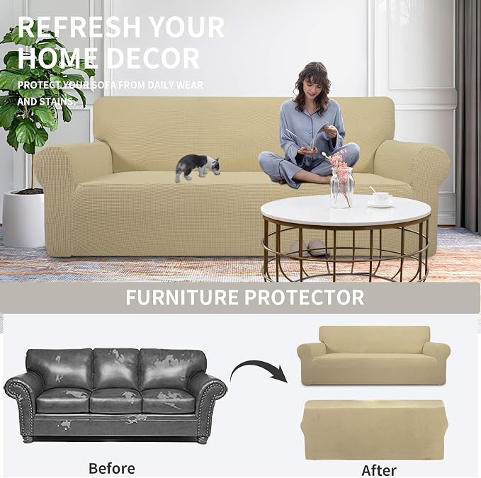 Easy-Going Stretch Oversized Loveseat Couch Covers Washable Beige | 1-Piece - Image 4