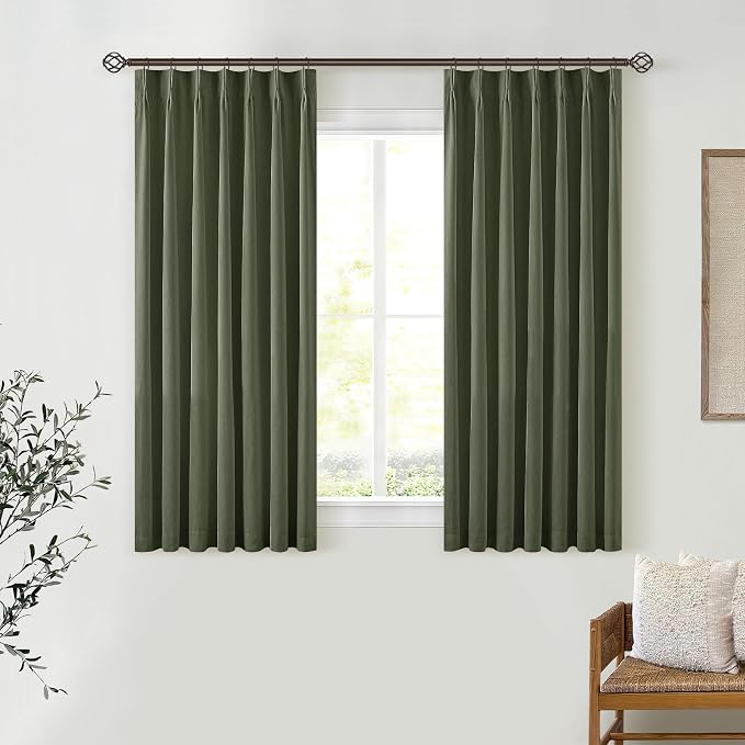 Olive Green Pleated Black Out Linen 45 Inch Curtains by Twodrapes