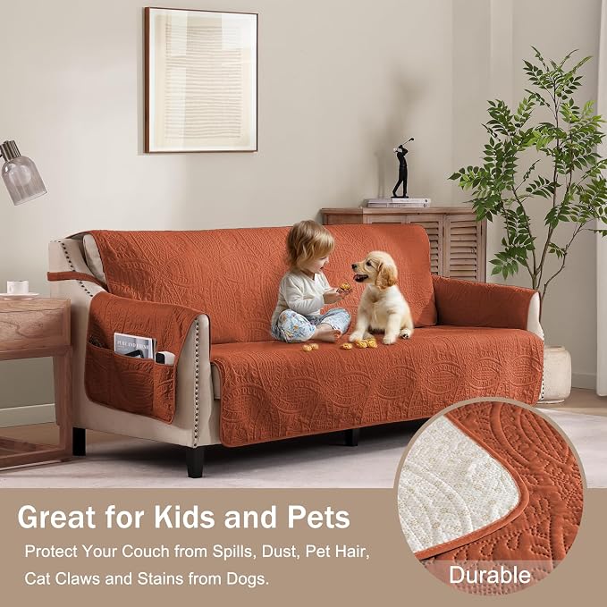 Burnt Orange Sofa Covers with Pockets, Anti-Slip Medallion Couch Covers - Image 8