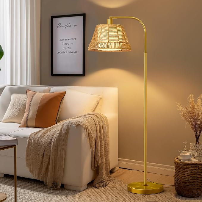 Oneach Arc Floor Lamp for Living Room, Rattan Boho Floor Lamp by Oneach