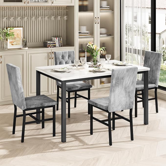 Hooseng Dining Table Set for 4, Faux Marble Small Kitchen Table Chairs Set of 4 - Image 3