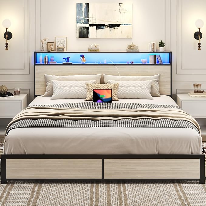 Lifezone King Bed Frame with 2-Tier Storage Headboard, Metal Platform Bed Frame - Image 4
