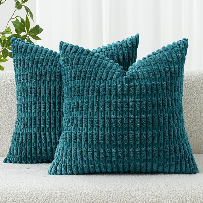 MIULEE Corduroy Decorative Throw Pillow Covers 18x18 Teal Pack of 2 | Soft Boho by MIULEE