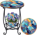 Cinnvoice Outdoor Side Table Round Small Mosaic Patio Accent Indoor End Plant by Cinnvoice