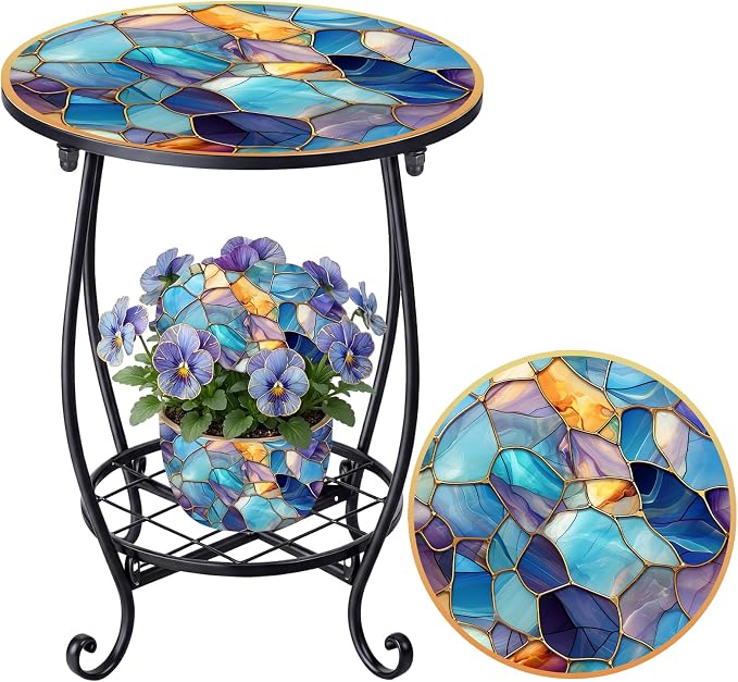 Cinnvoice Outdoor Side Table Round Small Mosaic Patio Accent Indoor End Plant by Cinnvoice