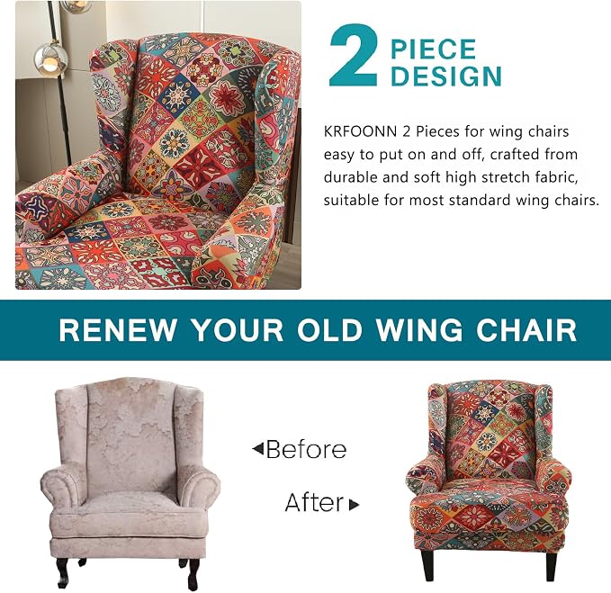 KRFOONN Stretch Wing Chair Slipcovers Printed 2 Piece Wingback Chair Covers - Image 3
