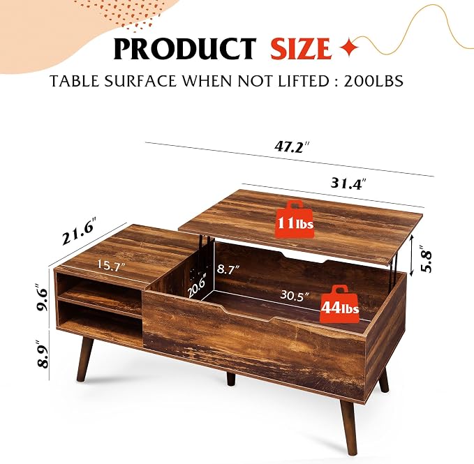 WLIVE Coffee Table, 47“ Lift Top Coffee Tables - Image 3