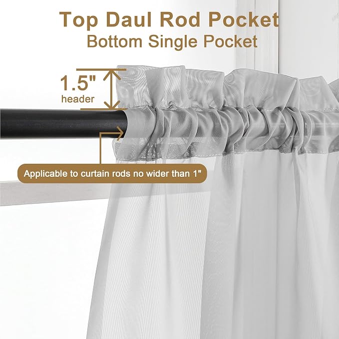 Chyhomenyc Sheer Curtains 63 Inch Length 2 Panels, Light Grey | Light Filtering - Image 4