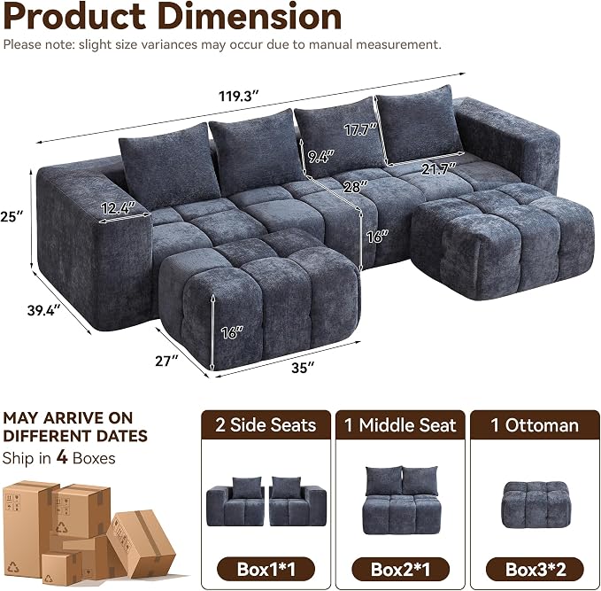 119" Boneless U-Shaped Sofa Couch - Image 2