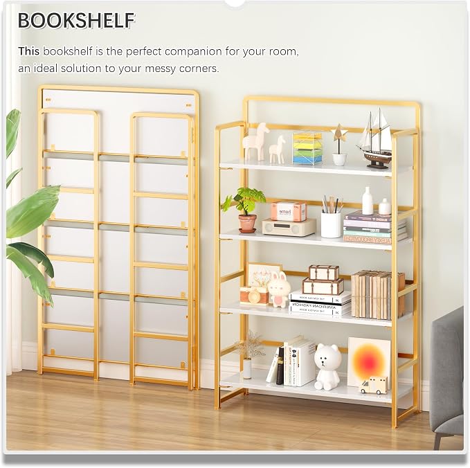 4NM No Assembly Extra Wide 4 Tiers Folding Bookshelf Storage Shelves Vintage - Image 3