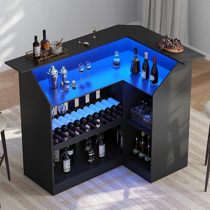 L Shaped Bar Table with LED Light, 4-Tier Corner Wine Bar Cabinet with Stemware by Gyfimoie