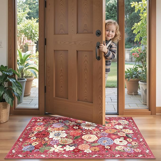 Red Floral Hallway Runner Rug 2x4 - Image 2
