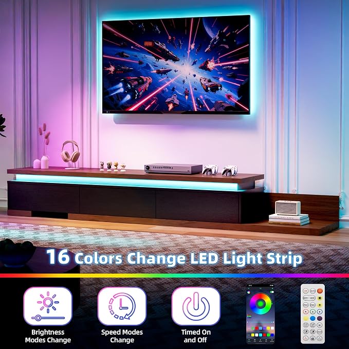 Extendable TV Stand with LED Lights, Modern TV Console with 3 Drawers, Wooden - Image 3