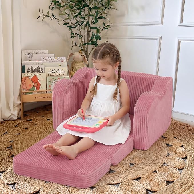 MeMoreCool Corduroy Pink Kids Chair, 2-in-1 Kids Couch Fold Out to Lounger - Image 2