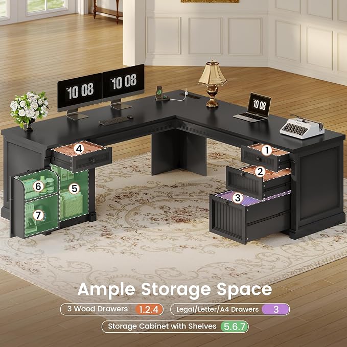 SEDETA L Shaped Desk with 4 Drawers, Corner Computer Desk with Power Strip - Image 7