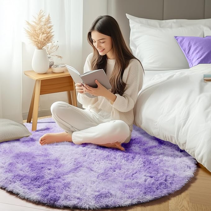 Round Rugs 5ft for Bedroom Living Room, Tie-Dyed Purple Fluffy Circle Area Rug - Image 5