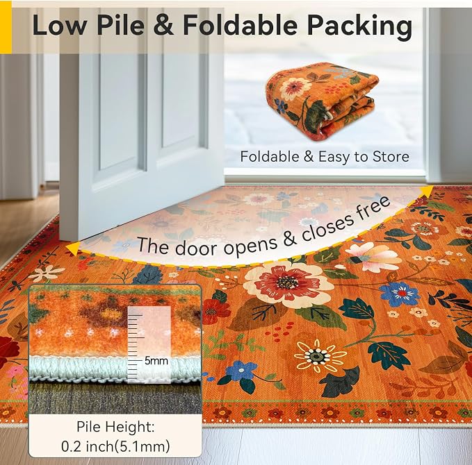 RELEANY Floral Washable 9x12 Area Rugs BurntOrange | Flower Carpet Print Boho - Image 3