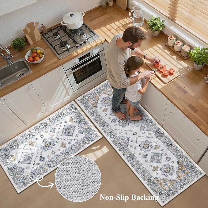 HEBE Boho Kitchen Rugs Set of 3, Non Slip Washable Kitchen Mats - Image 3