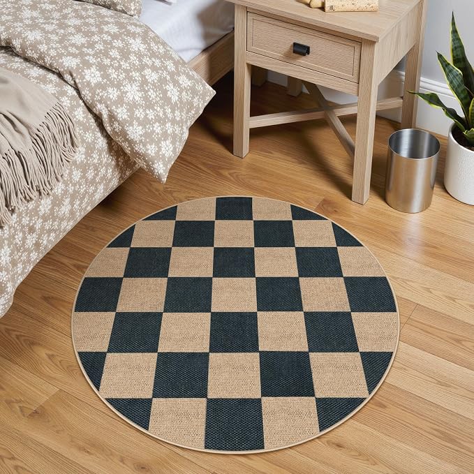 Lahome Checkered Easy Jute Entryway Rug, 3ft Round Washable Rugs Black | - Image 2