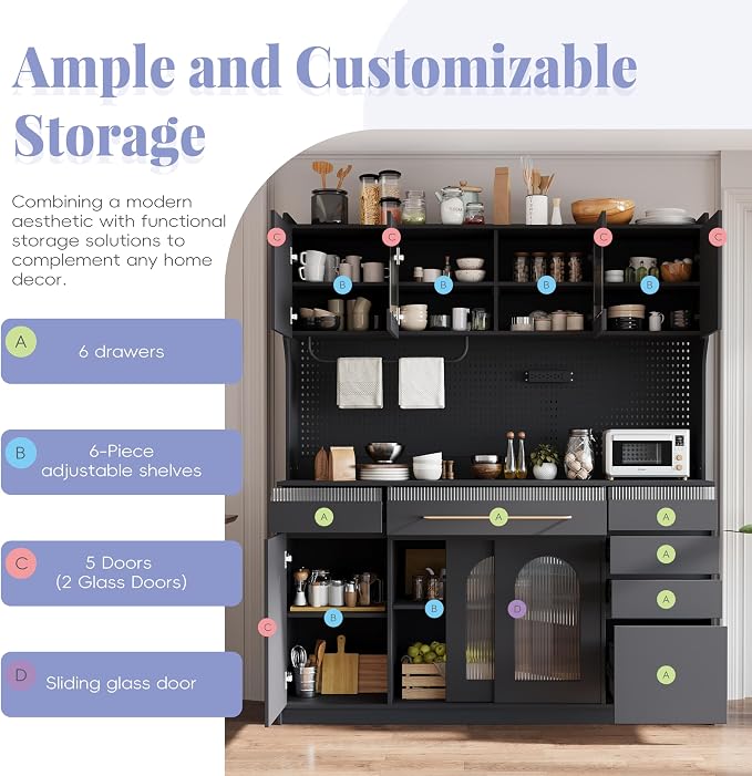 VilroCaz Freestanding Large Kitchen Pantry, Wooden Kitchen Large Coffee Bar - Image 5