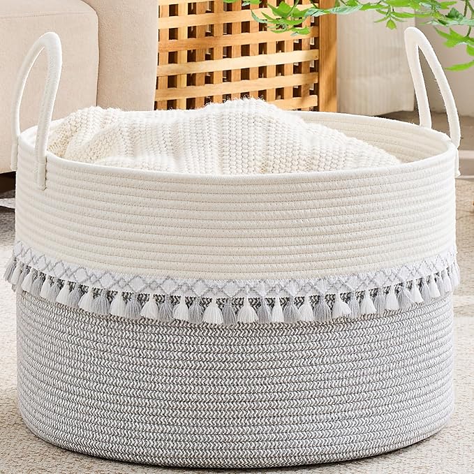 KAKAMAY Cotton Rope Storage Basket, Woven Hamper by KAKAMAY