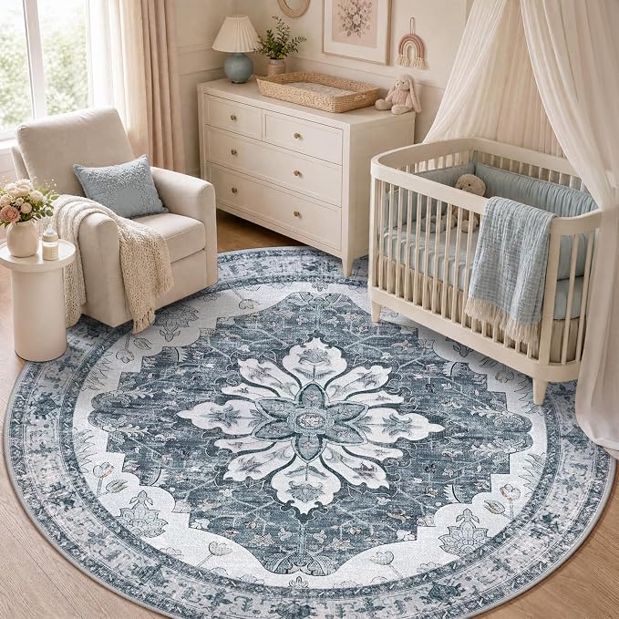 RELEANY Washable Area Rug, Round 5ft, Water Repellent, Pet Friendly, Vintage by RELEANY