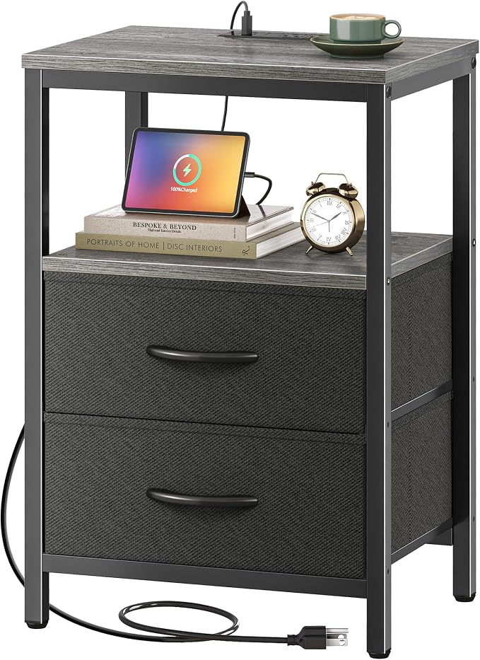 Huuger Nightstand with Charging Station, Side Table with Fabric Drawers by Huuger