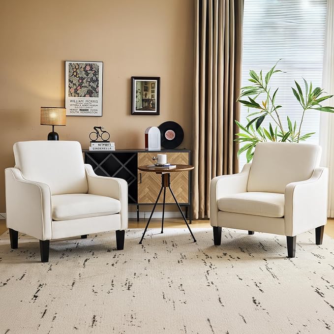 VINGLI Beige Accent Chairs for Living Room, Line Comfy Upholstered Chair Mid - Image 3