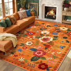 RELEANY Floral Washable 9x12 Area Rugs BurntOrange | Flower Carpet Print Boho by RELEANY
