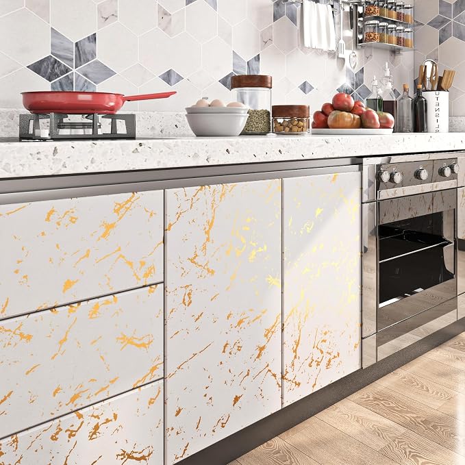 FunStick 36"x200" Cream White and Gold Wallpaper Peel and Stick Marble Contact - Image 4