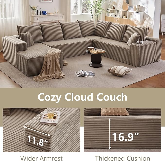 Cloud Sectional Couch with L-Shape Chaise, Upholstered Corduroy Couches - Image 8