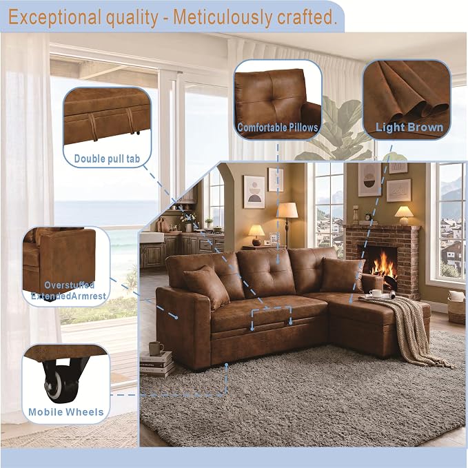 L Shaped Sectional Couch with Storage and Pull Out Bed, 3 Seater Sleeper Sofas - Image 8