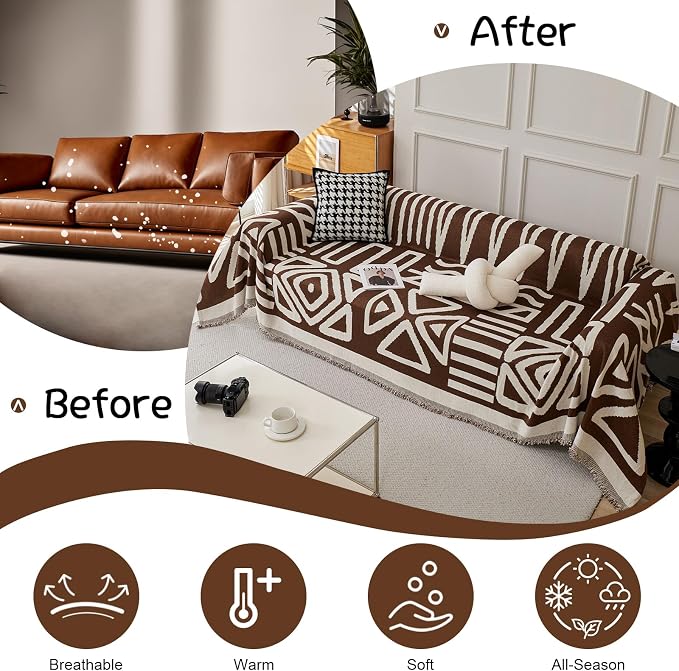 VClife Boho Couch Cover, Reversible Brown Geometric Checkered Sofa Cover - Image 4