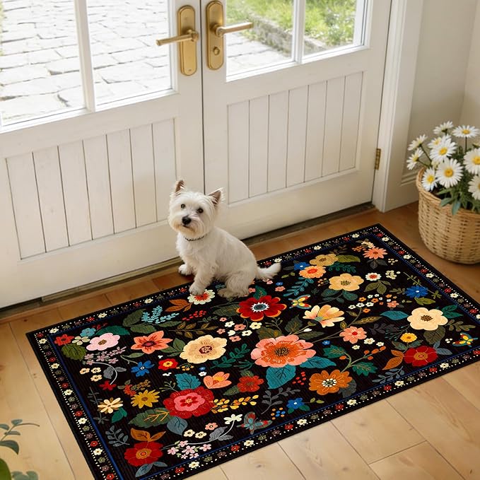 Floral Washable 2x4 Area Rugs Runner Entryway Hallway Black | Flower Carpet by RELEANY