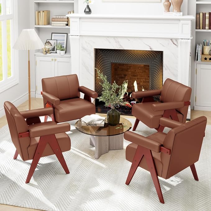 STHOUYN Brown Leather Accent Chairs, Mid Century Modern Chair, Side Arm Chairs - Image 8