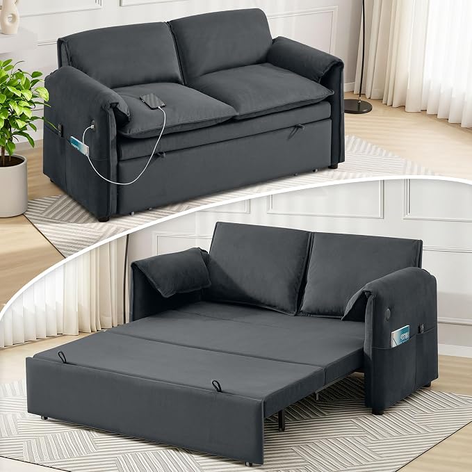 63" Velvet Convertible Sleeper Loveseat Sofa Bed, Pull Out Couch Bed by UMBFUN