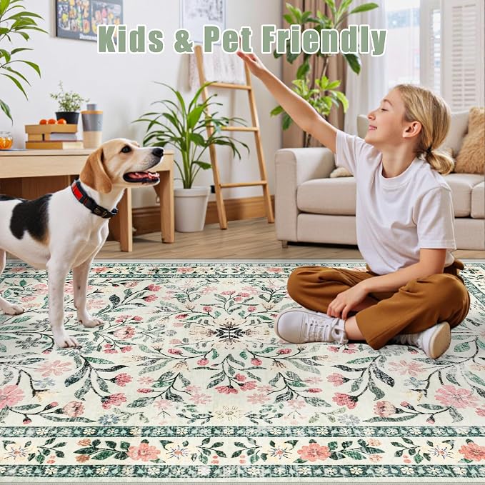 PLHXFR 2x5 Washable Runner Rug：Floral Indoor Kitchen Carpet Green Beige | - Image 6