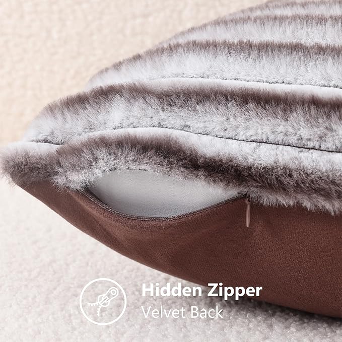 decorUhome Fall Faux Fur Throw Pillow Covers 18x18 Set of 2 Brown White | - Image 8