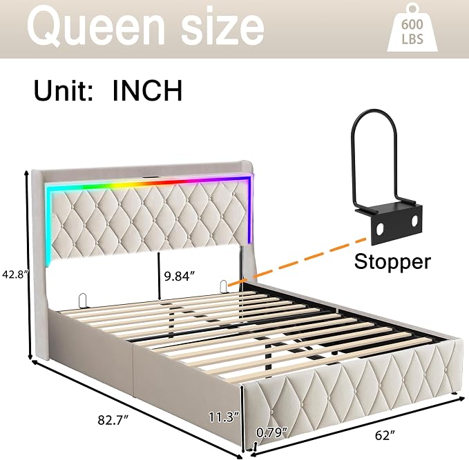 Modern Multi-Color LED Light Queen Bed Frame - Image 2