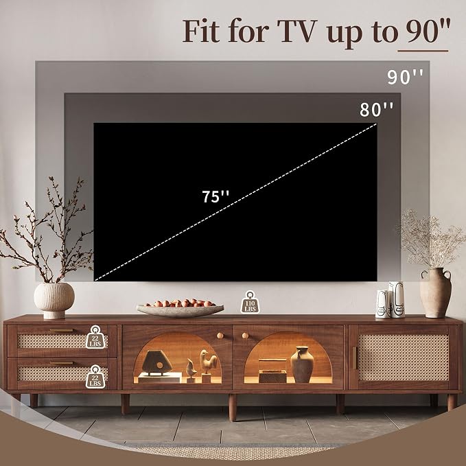 Merax Rattan TV Stand with LED Lights, Solid Wood Feet, Living Room, Bedroom - Image 2